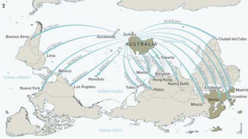 Mapa ‘Upside down’. Distancias desde Sidney a las principales ciudades del mundo. Luis Sevillano. Publicado en El Independiente http://www.elindependiente.com/tendencias/2017/01/23/la-construccion-de-sidney/