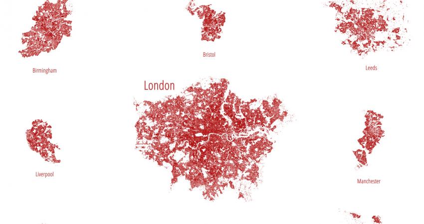 Imagen de Alasdair Rae "The Urban Fabric of English Cities  I created this image using the buildings layer from Ordnance Survey's Open Data VectorMap District product." https://flic.kr/p/qixmSq