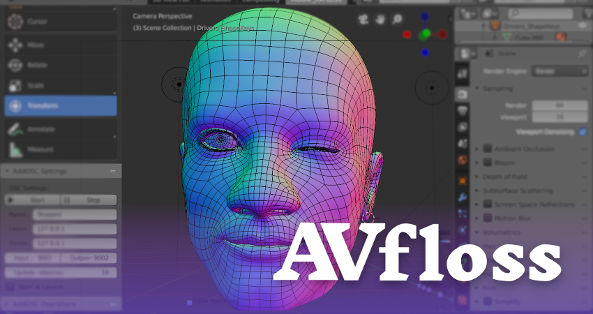 Imagen de cabecera del grupo de trabajo: Avfloss. Interfaz de Blender con un modelo de cabeza 3D