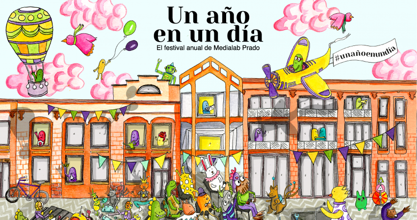 Dibujo colorido del edificio de Medialab Prado con personajes fantásticos